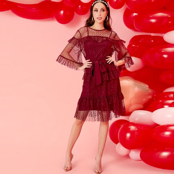 

Ruffle Trim Heart Mesh Overlay Self Belted Dress, Burgundy
