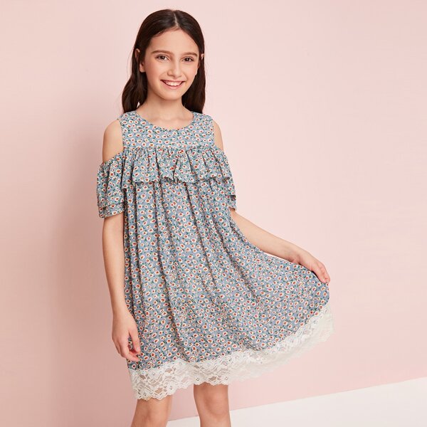 

Girls Lace Panel Ditsy Floral Cold Shoulder Chiffon Dress, Multicolor