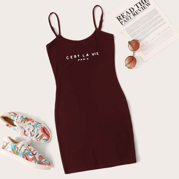 

Slogan Graphic Slip Dress, Burgundy