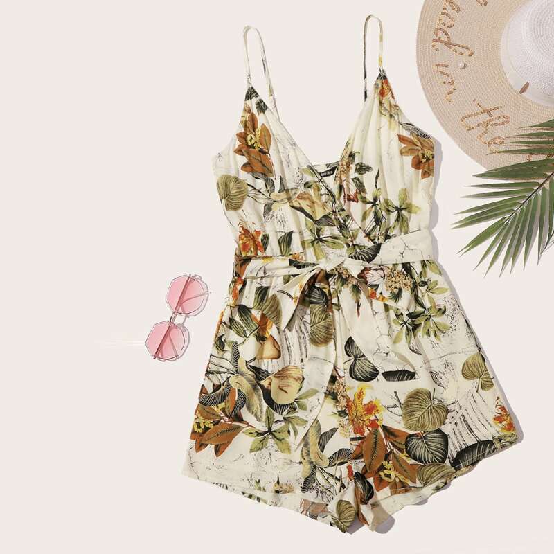 

Surplice Neck Belted Tropical Cami Romper, Multicolor