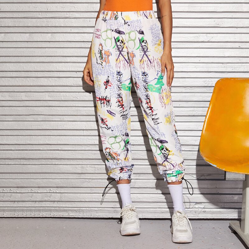 

Drawstring Hem Graffiti Print Wind Pants, Multicolor