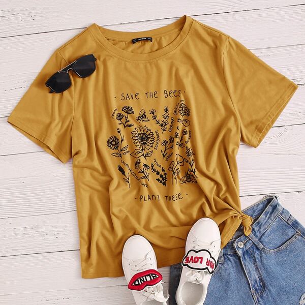 

Plus Flower & Slogan Graphic Tee, Yellow