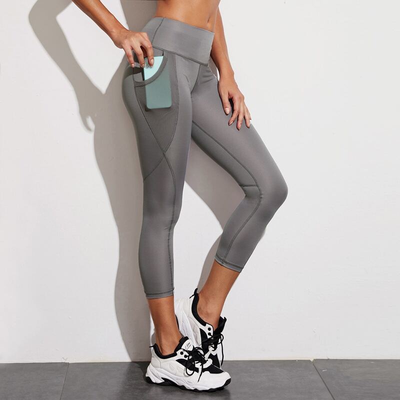 

Topstitching Mesh Panel Capris Sports Leggings With Phone Pocket, Grey