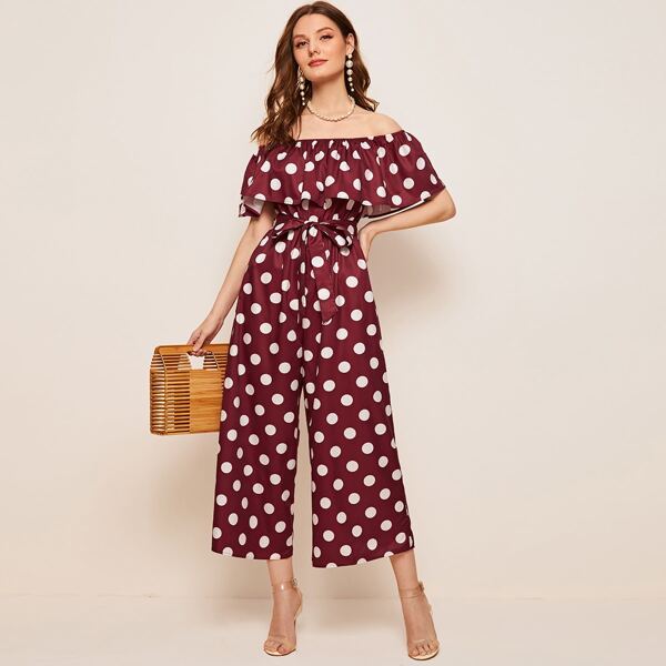 

Flounce Off Shoulder Belted Polka-dot Jumpsuit, Burgundy