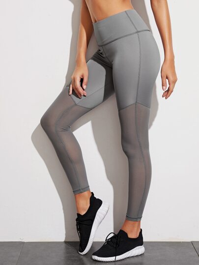 Topstitching Contrast Mesh Sports Leggings