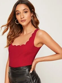 SHEIN Privé Solid Scallop Trim Tank Top - Red - View 4