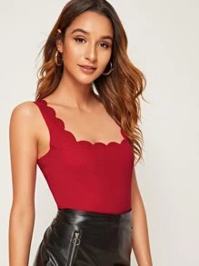 SHEIN Privé Solid Scallop Trim Tank Top - Red - View 5