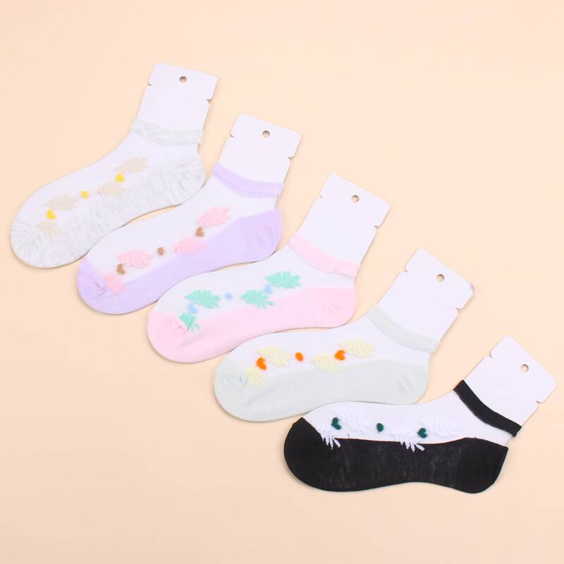 

5pairs Flower Pattern Contrast Mesh Socks, Multicolor