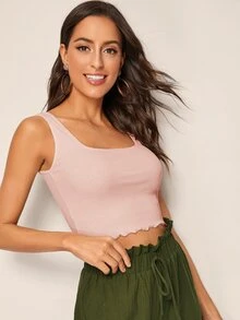 SHEIN 生菜邊羅紋針織短版背心上衣 - 粉色 - 查看 5