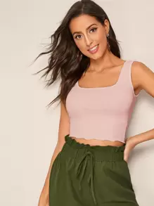 SHEIN 生菜邊羅紋針織短版背心上衣 - 粉色 - 查看 1