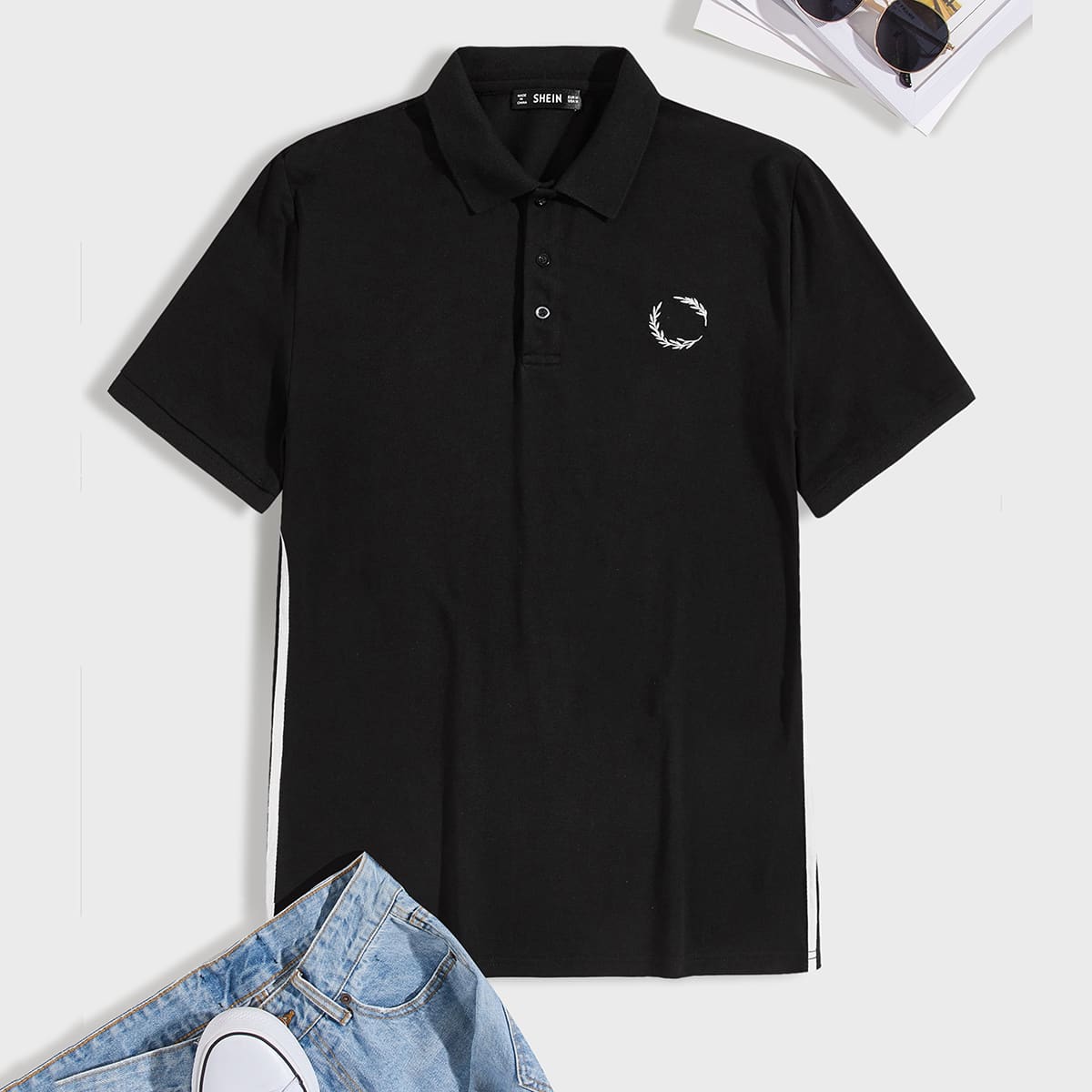 

Guys Striped Tape Side Embroidered Detail Polo Shirt, Black