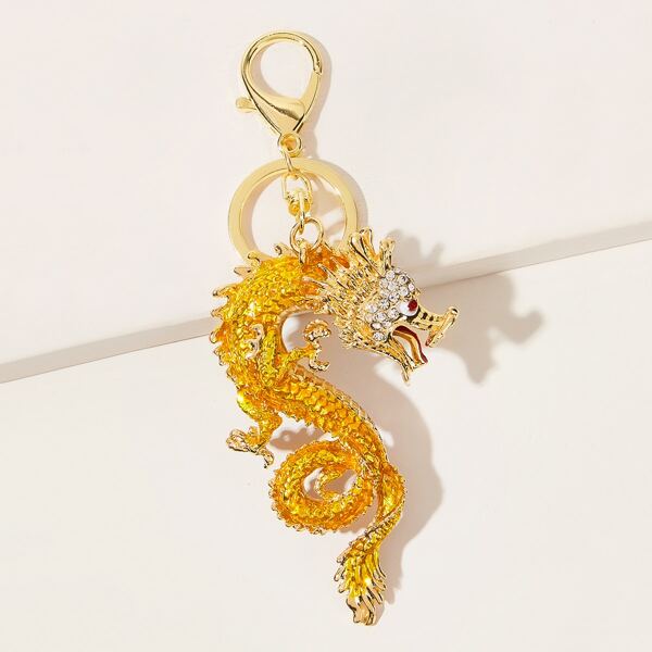 

Rhinestone Engraved Dragon Charm Keychain, Gold
