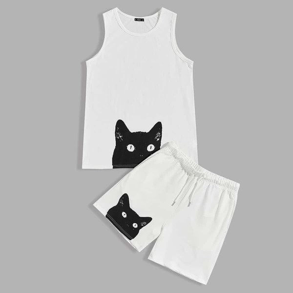 

Men Cat Print Tank Top and Drawstring Waist Track Shorts Set, White