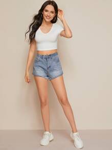 SHEIN EZwear Top corto unicolor escote V - Blanco - Ver 4