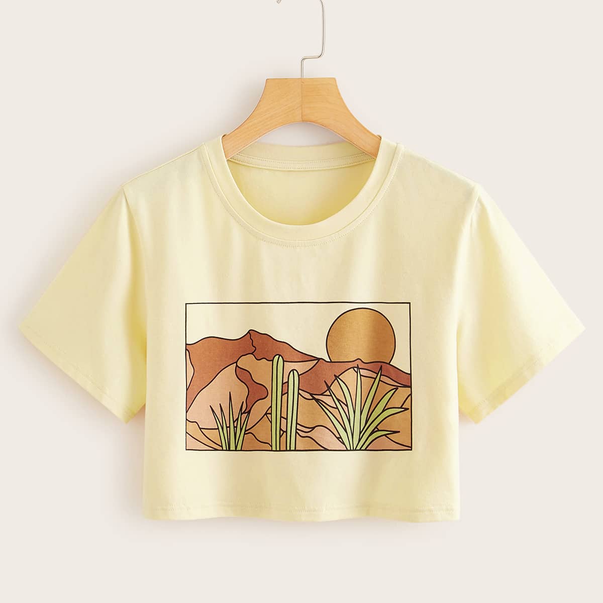 

Graphic Print Crop Tee, Beige