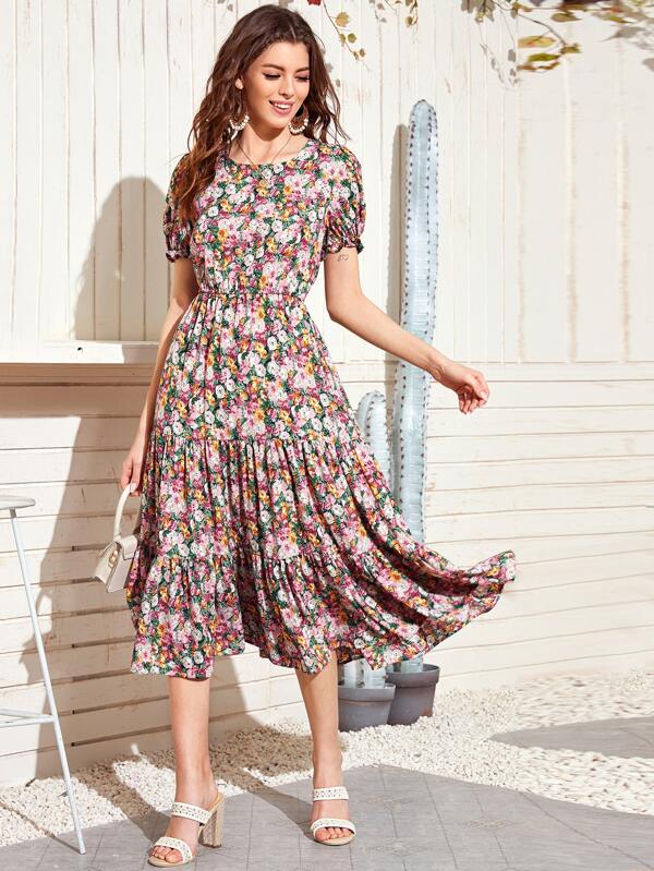 Allover Floral Print Flounce Hem A-line ...