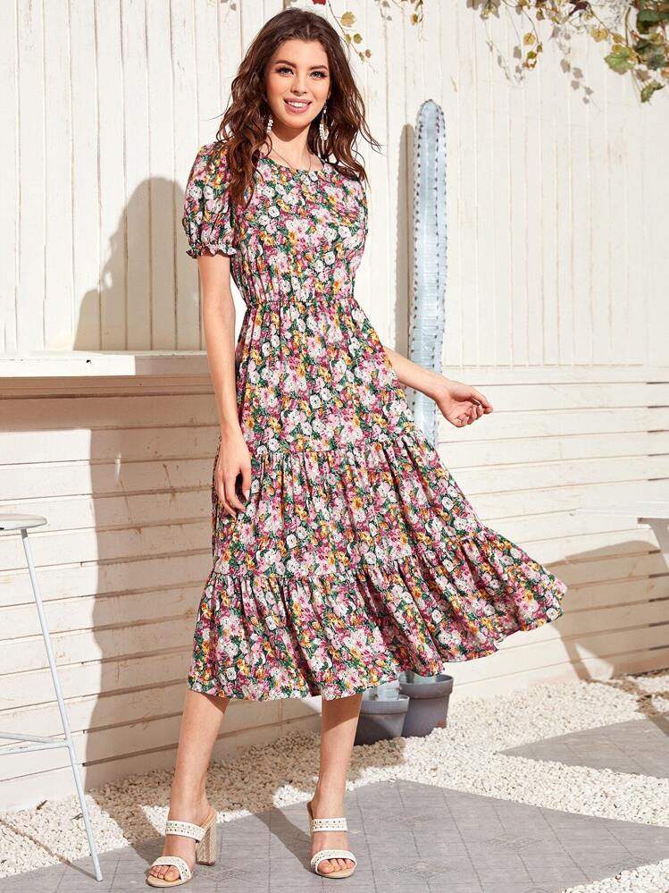 SHEIN Holidaya Vestido línea A bajo con volante con estampado floral - Multicolor - Añade 3