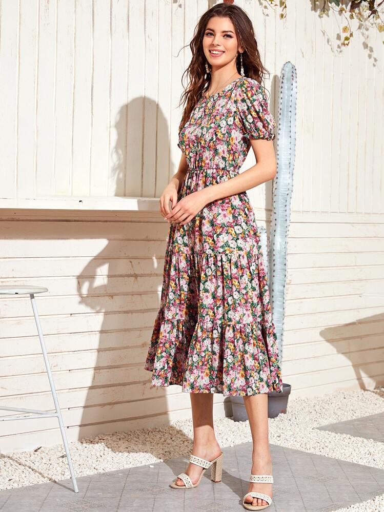 SHEIN Holidaya Vestido línea A bajo con volante con estampado floral - Multicolor - Añade 4
