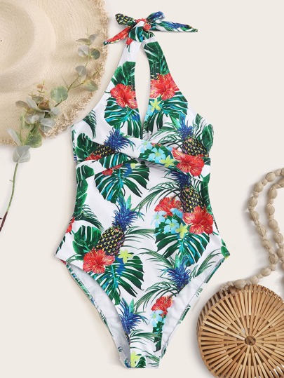 Tropical Random Print Twist Detail One Piece Swimsuit