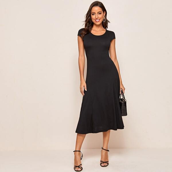 

Solid Cap Sleeve A-line Dress, Black
