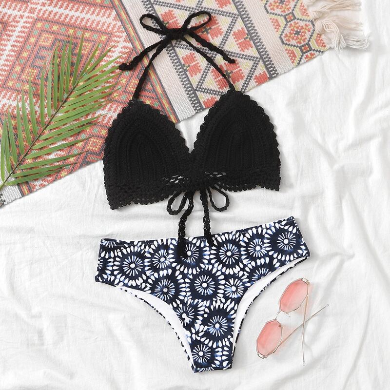 

Crochet Random Tribal Halter Bikini Swimsuit, Multicolor