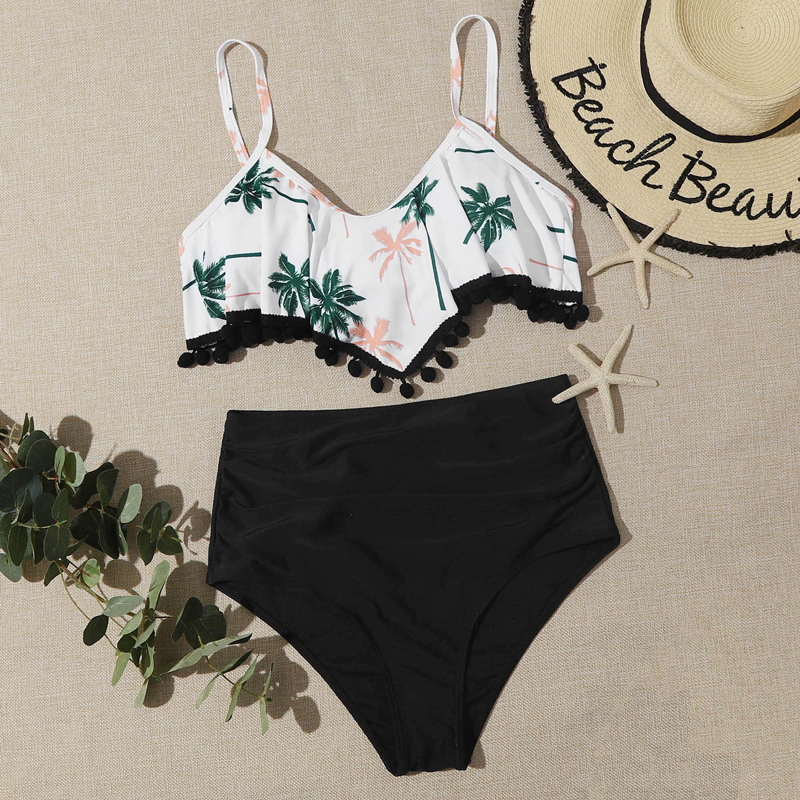 

Palm Tree Pompom High Waist Bikini Swimsuit, Multicolor
