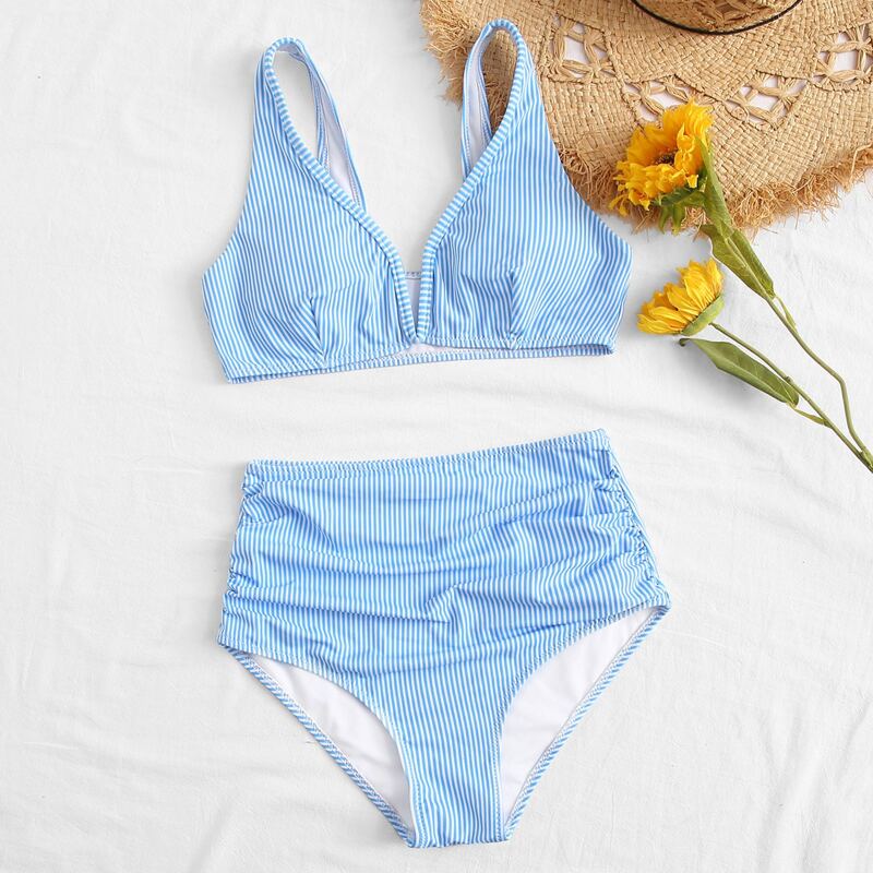 

Striped V Wired High Waisted Bikini Swimsuit, Blue