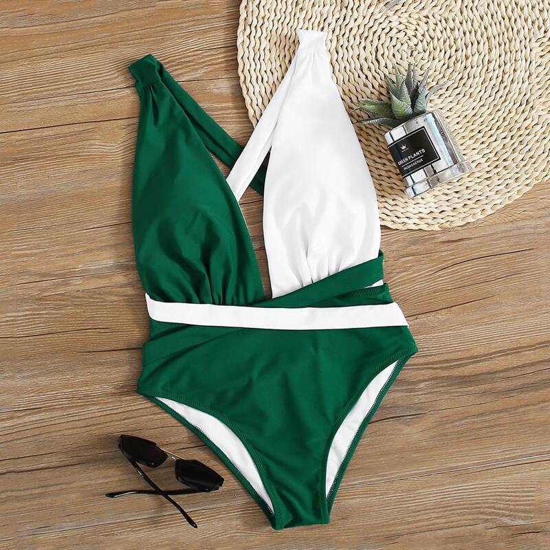 

Two Tone Plunging One Piece Swimsuit, Multicolor