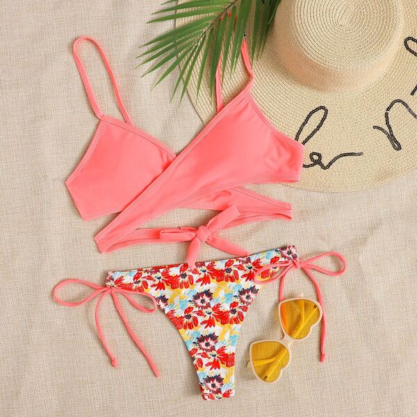 

Floral Wrap Tie Side Bikini Swimsuit, Multicolor