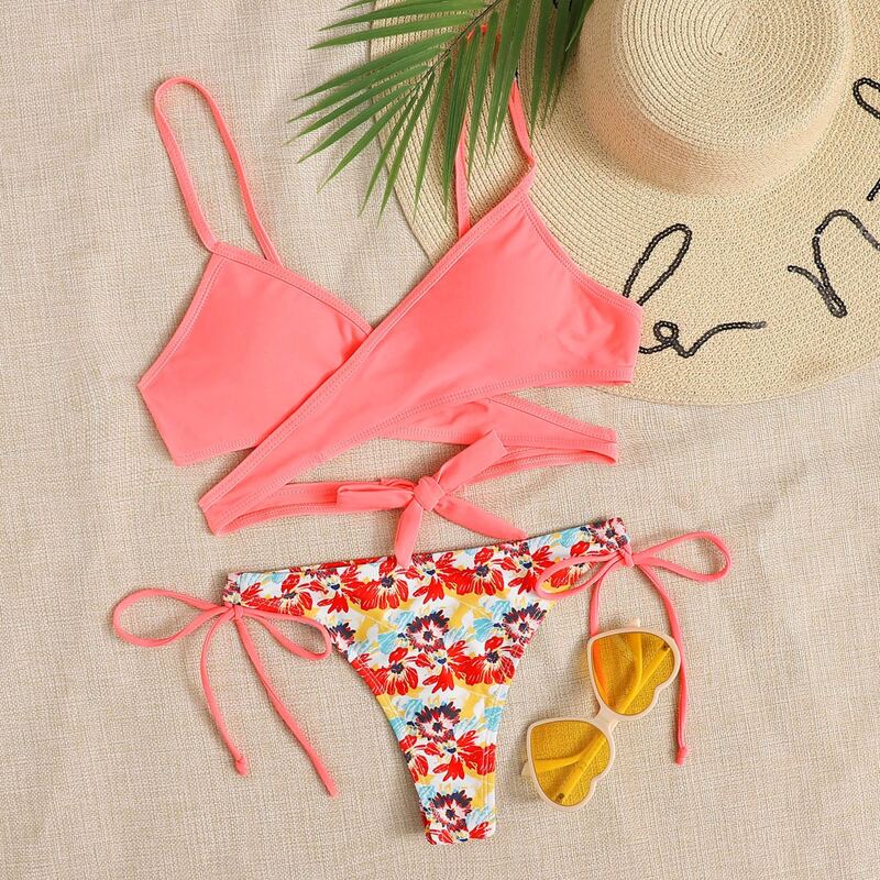 

Floral Wrap Tie Side Bikini Swimsuit, Multicolor