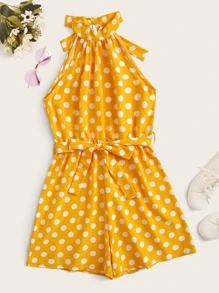 Polka Dot Belted Halter Romper - Yellow - View 1