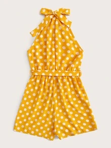 Polka Dot Belted Halter Romper - Yellow - View 2