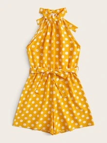 Polka Dot Belted Halter Romper - Yellow - View 4