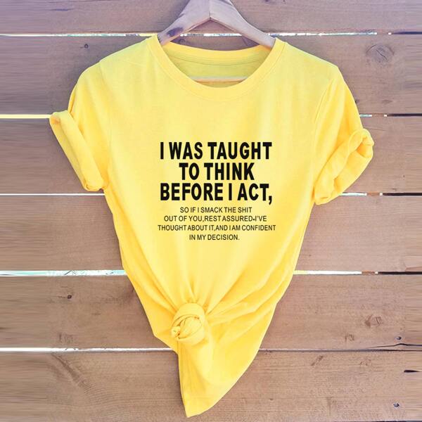 

Slogan Print Round Neck Tee, Yellow