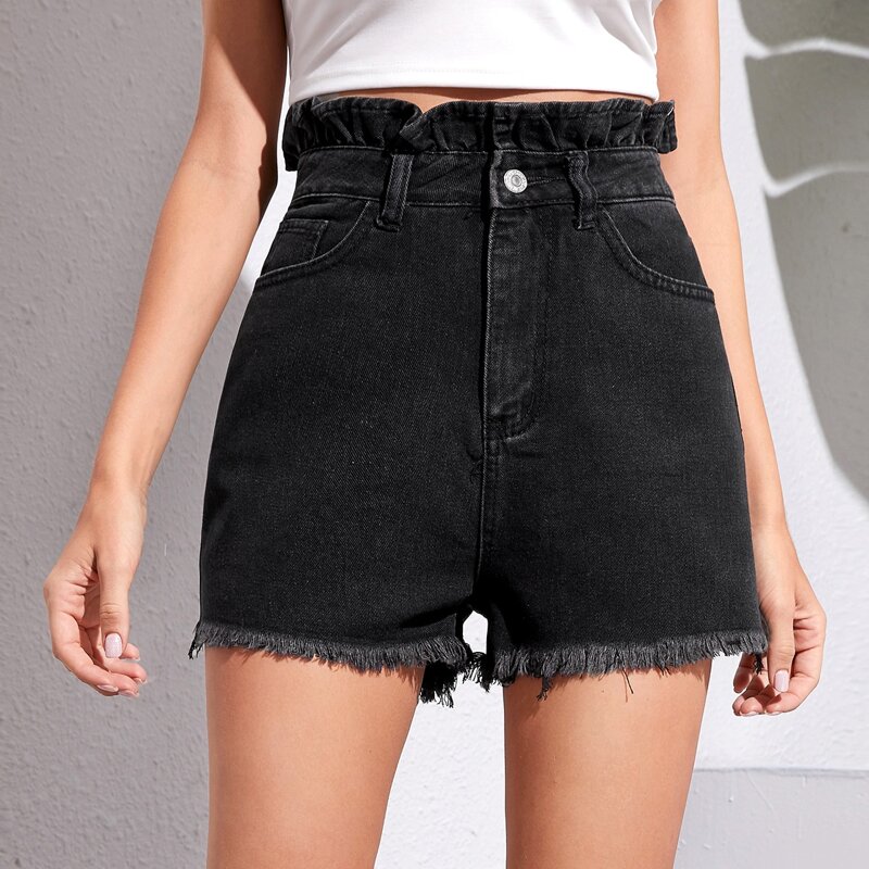 

Paperbag Waist Raw Hem Denim Shorts, Black