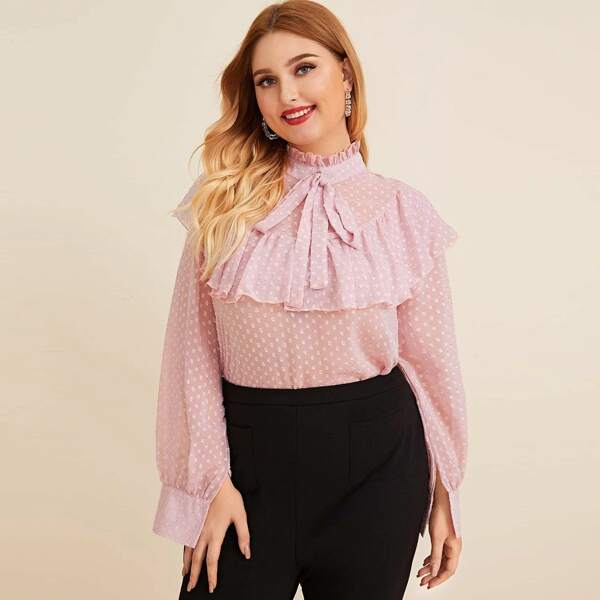 

Plus Swiss Dot Tie Neck Ruffle Blouse, Pink