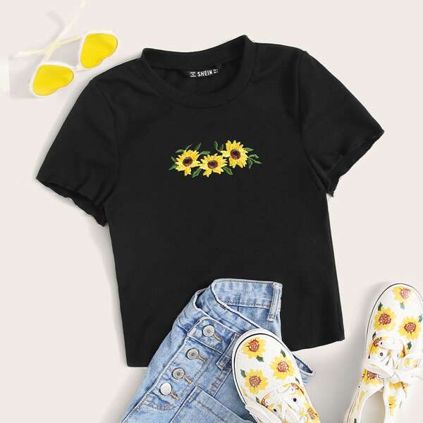 

Sunflower Embroidered Rib-knit Tee, Black