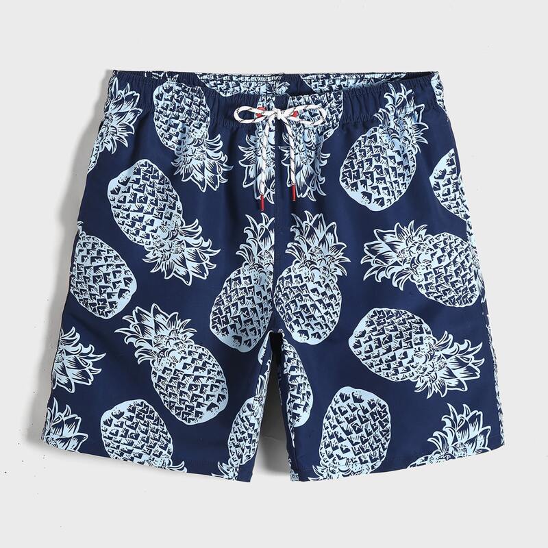 

Guys Pineapple Print Drawstring Swim Trunks, Navy blue
