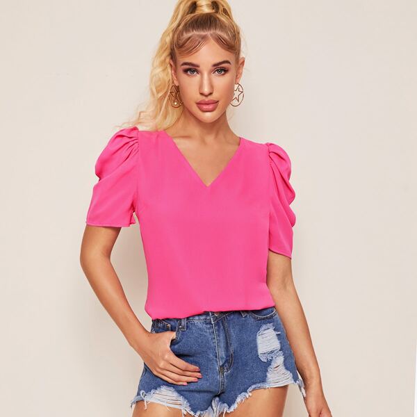 

Puff Sleeve Solid Top, Pink bright