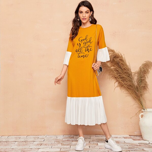 

Slogan Graphic Flounce Sleeve Pleated Dress, Yellow