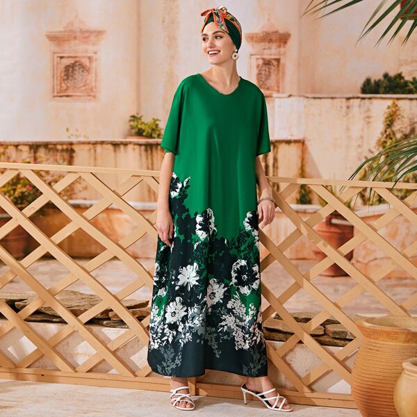 

Batwing Sleeve Floral Print Oversized Dress, Green