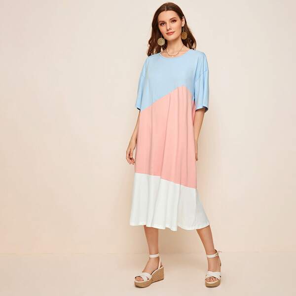 

Drop Shoulder Colorblock Tee Dress, Multicolor