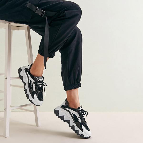 

Lace-up Front Mesh Panel Chunky Sneakers, Black and white