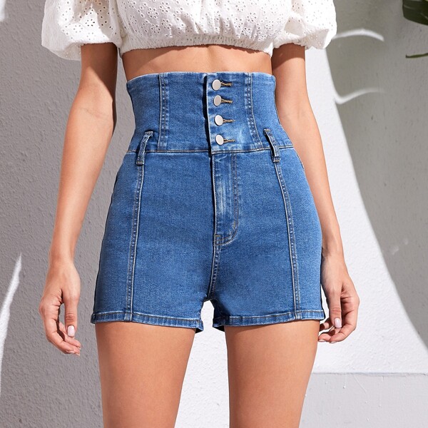 

Button Wide Waist Denim Shorts, Blue