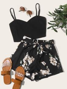 SHEIN VCAY Solid Crop Cami Top & Floral Print Belted Shorts Set - Black - View 1