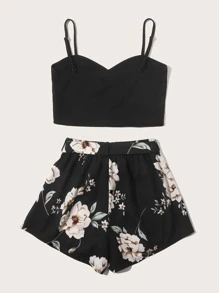 SHEIN VCAY Solid Crop Cami Top & Floral Print Belted Shorts Set - Black - View 2