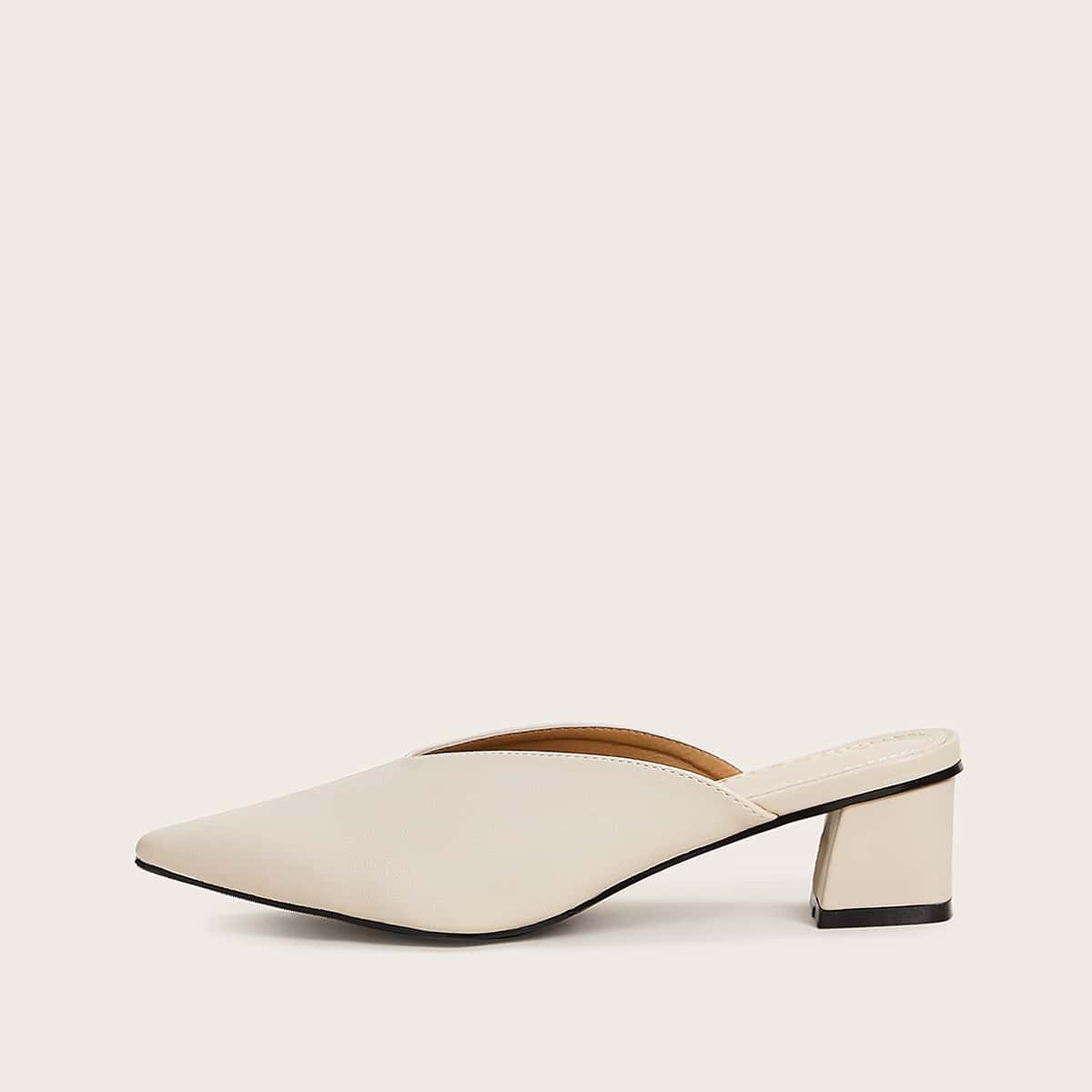 

Plain V-cut Block Heeled Mules, Beige