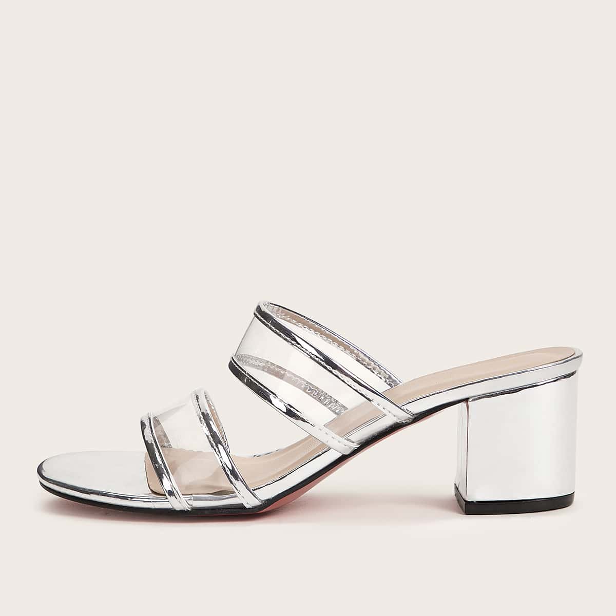 

Metallic Double Strap Chunky Heels, Silver