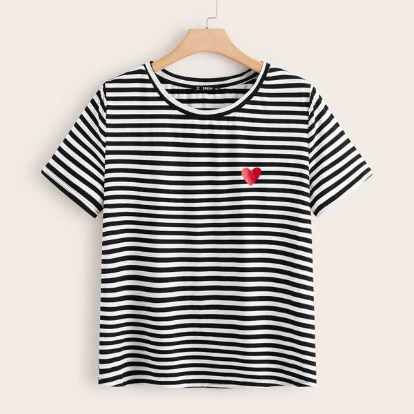

Plus Heart Print Striped Tee, Black and white