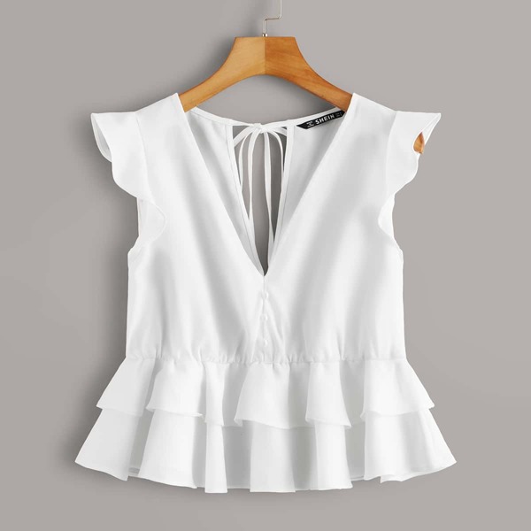 

Tie Back Ruffle Armhole & Hem Top, White